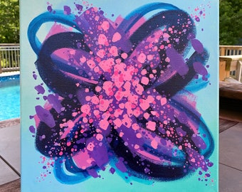 Eclectic Abstract Acrylic Painting on Stretched Canvas in Bright Colors of Blue and Pink, Size 12 x 12 Inches