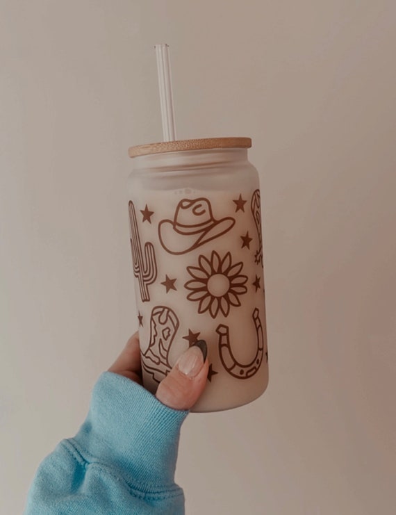 Western Cowboy Beer Can Coffee Tumbler 16oz Glass Cup Bamboo