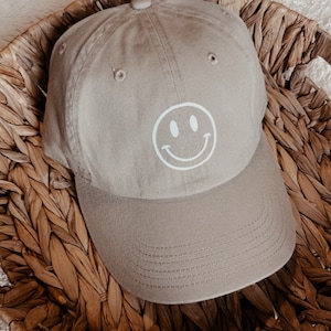 Smiley Face Hat - Smiley Boho Hat - Neutral Tan Hats - Dad Hat - Adjustable Hat - Women&#39;s Hat - Smile Happy Face Baseball Hat