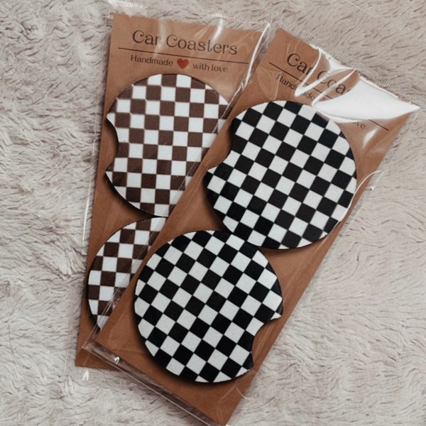 Checkered Car Coasters - Trendy Checkered Print - Aesthetic Car Accessories - Coaster - Small Gift for Him or Her - Cute Car Accessory