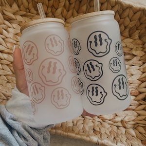 Wavy Smiley Beer Can - Coffee Tumbler - Smiley Face Cup - 16oz Glass Tumblers - Bamboo Lid - Frosted Sublimation Cups - Iced Coffee
