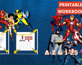 Superhelden ABC's und 1-25 Printable Download, Nachzeichnen, Ausmalen, Drucken und Farbe, Aktivitätsbogen, Lernseiten, Sofortdruck, Alphabet