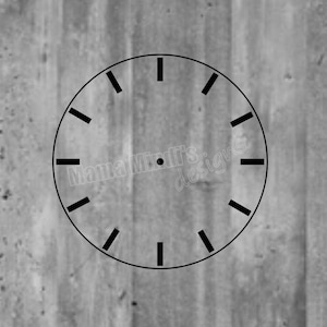 May include: A black and white clock face with Roman numeral markings. The clock face is on a gray wood background.