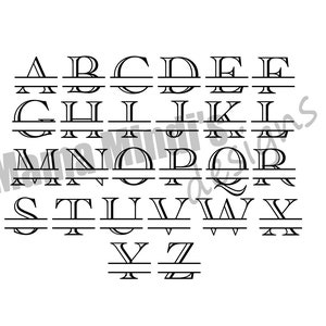 Puede incluir: Una fuente de alfabeto en blanco y negro con una línea en el medio de cada letra. Las letras están en mayúsculas y en una fuente serif.