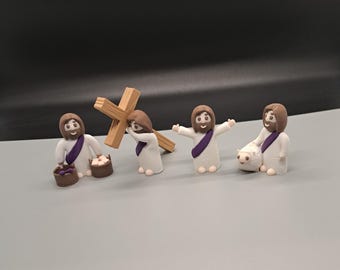 Figuras de Jesús impresas en 3D (paquete de 4): Jesús con oveja perdida, Jesús con peces y panes, Jesús con cruz, juguete cristiano, regalo para la escuela dominical.