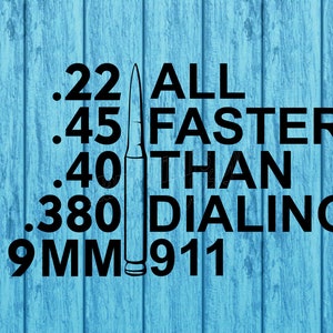 May include: A blue wooden background with black text that reads ".22 ALL FASTER THAN DIALING 9MM 911" and a black silhouette of a bullet in the center.