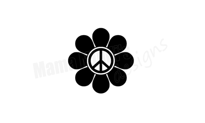 May include: Black and white peace sign inside a black flower with six petals.