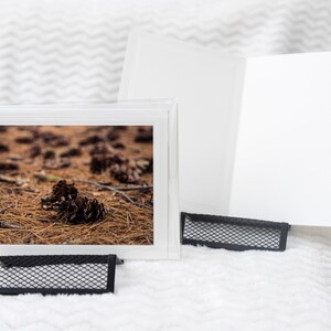 May include: A white card with a brown pine cone photo in a white frame on a white fuzzy surface. The card is propped up on a black metal stand.