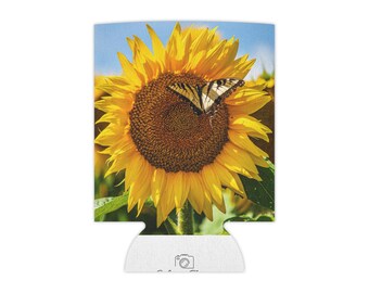 Enfriador de latas con diseño de girasol y mariposa: funda para bebidas con un vibrante diseño floral