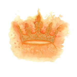 Peut inclure: Illustration à l'aquarelle d'une couronne dorée aux détails ornés, sur fond de lavis d'aquarelle orange et jaune clair. La couronne présente des éléments de fleur de lys et des formes de losanges.