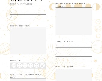 May include: A printable daily check-in journal page with a celestial theme. The page includes sections for gratitude, affirmations, things done, people met, mood, and a rating of the day.