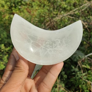 Handcrafted Selenite Crystal moon Bowl: Spiritual Decor & Charging Station