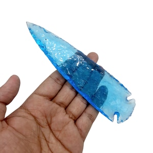 Blue Chalcedony Arrowhead – 5.5-6 Inch Handcrafted Gemstone Spear Tip, Handmade Crystal Arrow Heads, Blue Chalcedony Glass Knife