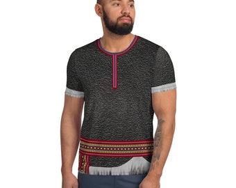 May include: A black short-sleeved shirt with a textured pattern and a red and purple belt with gold accents. The shirt has a high neckline with a red and purple trim.