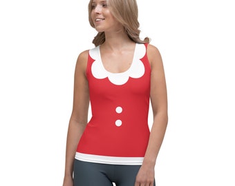 May include: Red sleeveless tank top with a white scalloped neckline and two white buttons. The tank top has a white trim at the bottom.