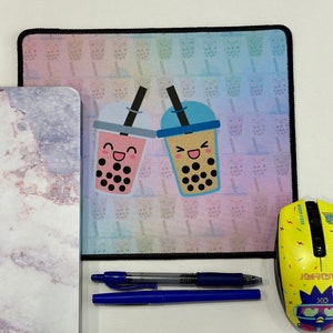 RAINBOW Boba Kawaii Mouse Pad Mat Non-Slip. Work from Home Office Desk or Gaming Station Accessories Kawaii Aesthetic (Pastel w. Big Bobas)