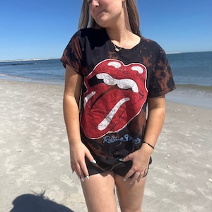 Rolling Stones Logo Graphic Tee, Rolling Stones Bleach Dyed Tee, Vintage Bleach Dyed Tee