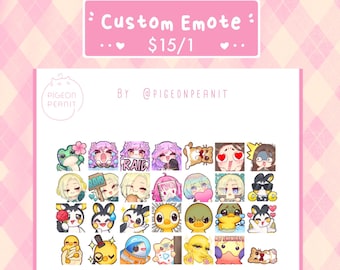 May include: A grid of 24 custom emotes featuring a cartoon character with different expressions and poses. The emotes are designed in a colorful anime style. The text "Custom Emote: $15/1" and "BY @PIGEONPEANIT" are displayed above the emotes.