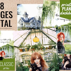 May include: A collection of watercolor illustrations, including a greenhouse, a Victorian house, and a woman with red hair. Text includes "8 PAGES TOTAL", "BIG & CLASSIC pdf files", and "printable PLANNER dashboards". The phrase "there's a little witch in every woman" is also present.