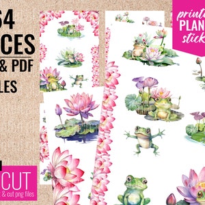 May include: 64 printable planner stickers featuring watercolor illustrations of frogs and pink lotus flowers. The stickers are designed for use with Cricut machines and include both PNG and PDF files.