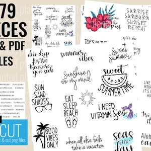 May include: A digital collage of 179 summer-themed images, including text, illustrations, and floral designs. The text includes phrases like "Sweet Summer", "Sunshine on my mind", "Dive deep for the treasure you seek", and "Seas the day".