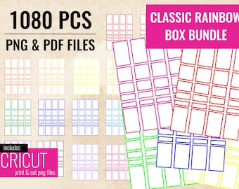 May include: A set of 1080 printable and cuttable box templates in PNG and PDF formats. The templates are designed for use with Cricut machines and feature a classic rainbow color scheme. The text "CLASSIC RAINBOW BOX BUNDLE" is displayed in pink.