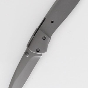 May include: A silver folding knife with a plain blade and a textured handle. The handle has a small, round button on the side.