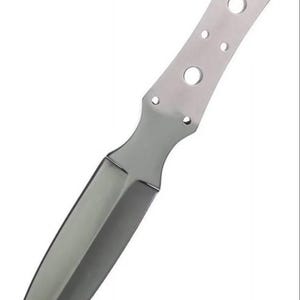 May include: A silver-colored throwing knife with a double-edged blade. The handle has multiple holes for grip and balance. The knife is designed for throwing and target practice.