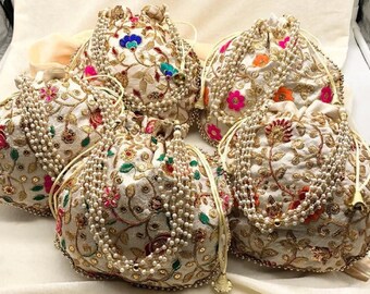 Lot Of 100 Indian Golden Women's Embroidered Clutch Purse Potli Bag Pouch Drawstring Bag Wedding Favor Return Gift For Guests Free Ship