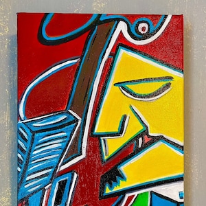Hand Painted  The Jazz Singer - Hand Signed - on 10x20 Gallery Wrapped Canvas- Acrylic Painting Singer / Upright Bass / Piano / Mic