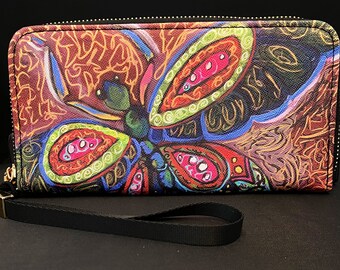 Dragonfly Zipper Strap Clutch /  Wallet Vegan Leather - Original Art