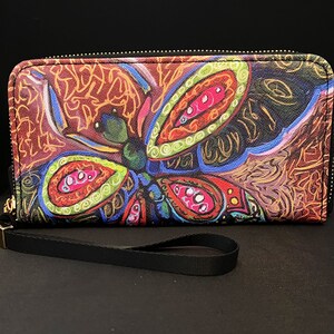 Embrague / Cartera con correa con cremallera de libélula de cuero vegano - Arte original