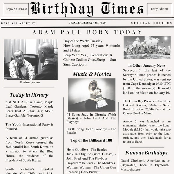 The Birthday Times Personalized On the Day You were Born Newspaper style digital Print /  Gift -party favor / Digital Download