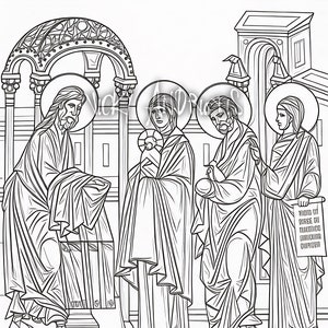 Puede incluir: Ilustración en blanco y negro de una escena religiosa. La imagen representa cuatro figuras, dos hombres y dos mujeres, de pie en una habitación con puertas arqueadas. El texto en el rollo dice "MOND ON BARSE ON NVVNDVD ENVVNDVD OVVRVD".