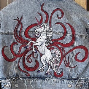 Unicorn Hand Painted New Forever 21 Women&#39;s Cropped Denim Trucker Jacket  Original Art Size Small