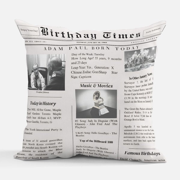 Birthday Personalized Pillow,Day You Were Born gift, New Baby Gift, New Home Gift, Newborn baby gift, Historical pillow,Headline News pillow