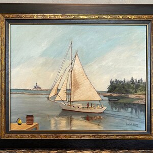 Vintage Sailboat Oil Painting Signed on Canvas Board Framed 23x19 Wood Frame w/ornate Gold Accents 1976 Arch O. Cooper Madison Connecticut