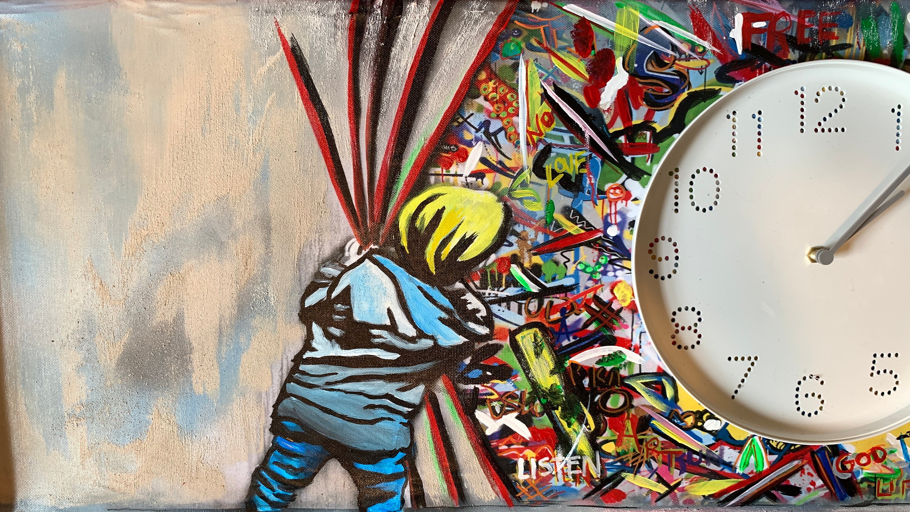 Hand Painted Hand Crafted Ode to Banksy Clock, Acrylic
