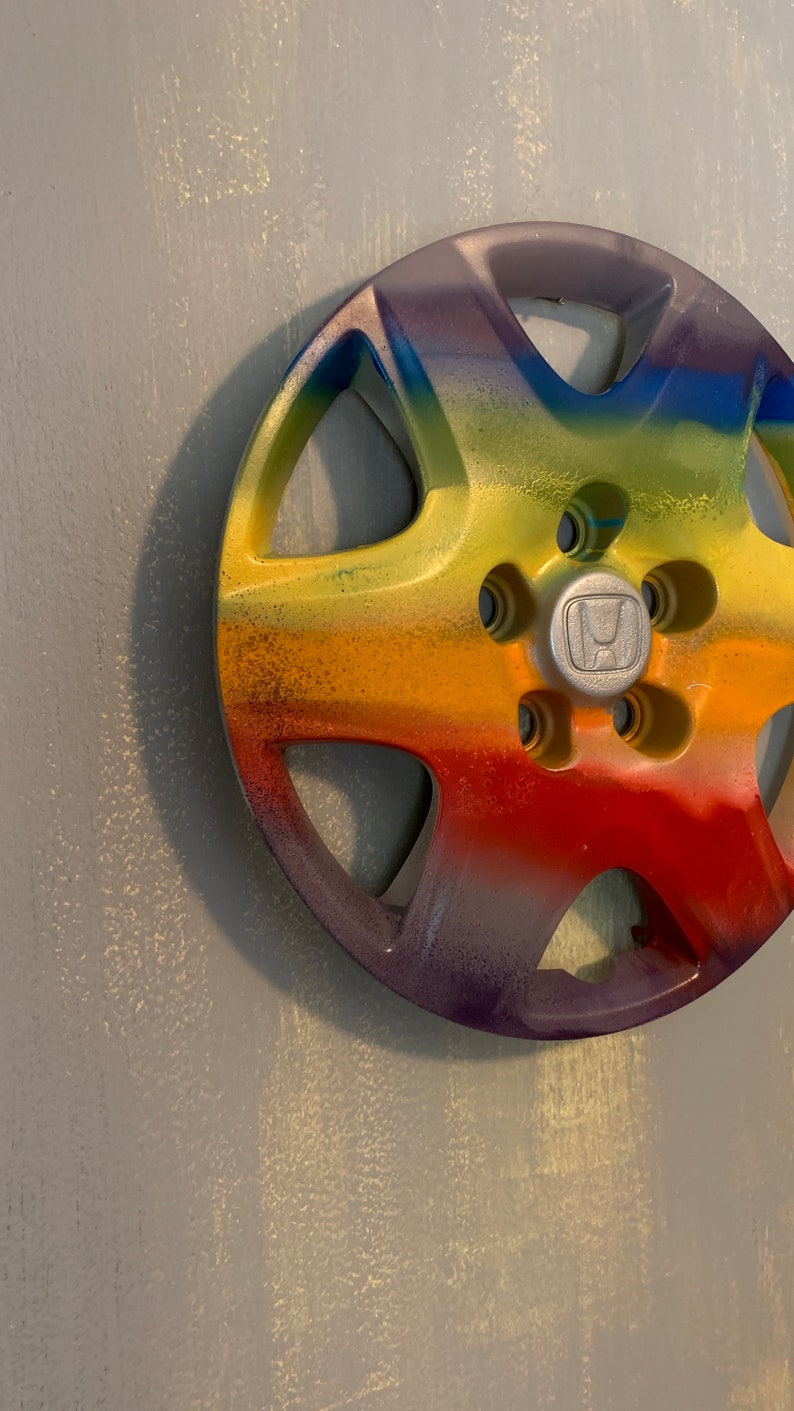 Honda Hubcap Wall Art Rainbow Hand Painted/pouring Ready to Be Hung 15