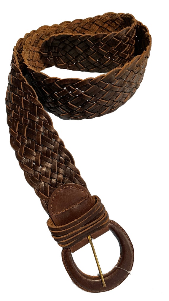 Genuine Leather Wide Braided Belt, Brown soft wov… - image 5