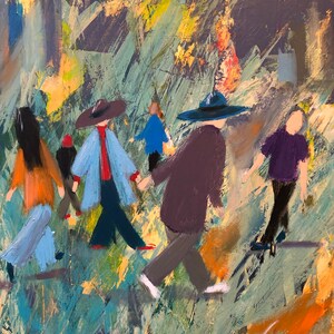 May include: A painting of a group of people walking in a park. The people are wearing colorful clothing and hats. The background is a blur of green and yellow.