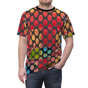 Unbreakable Dots - Unisex All over Print Tshirt - Designed by the Art of Vicky Andriotis Black Tee  rainbow Polka Dots - Silky smooth fabric