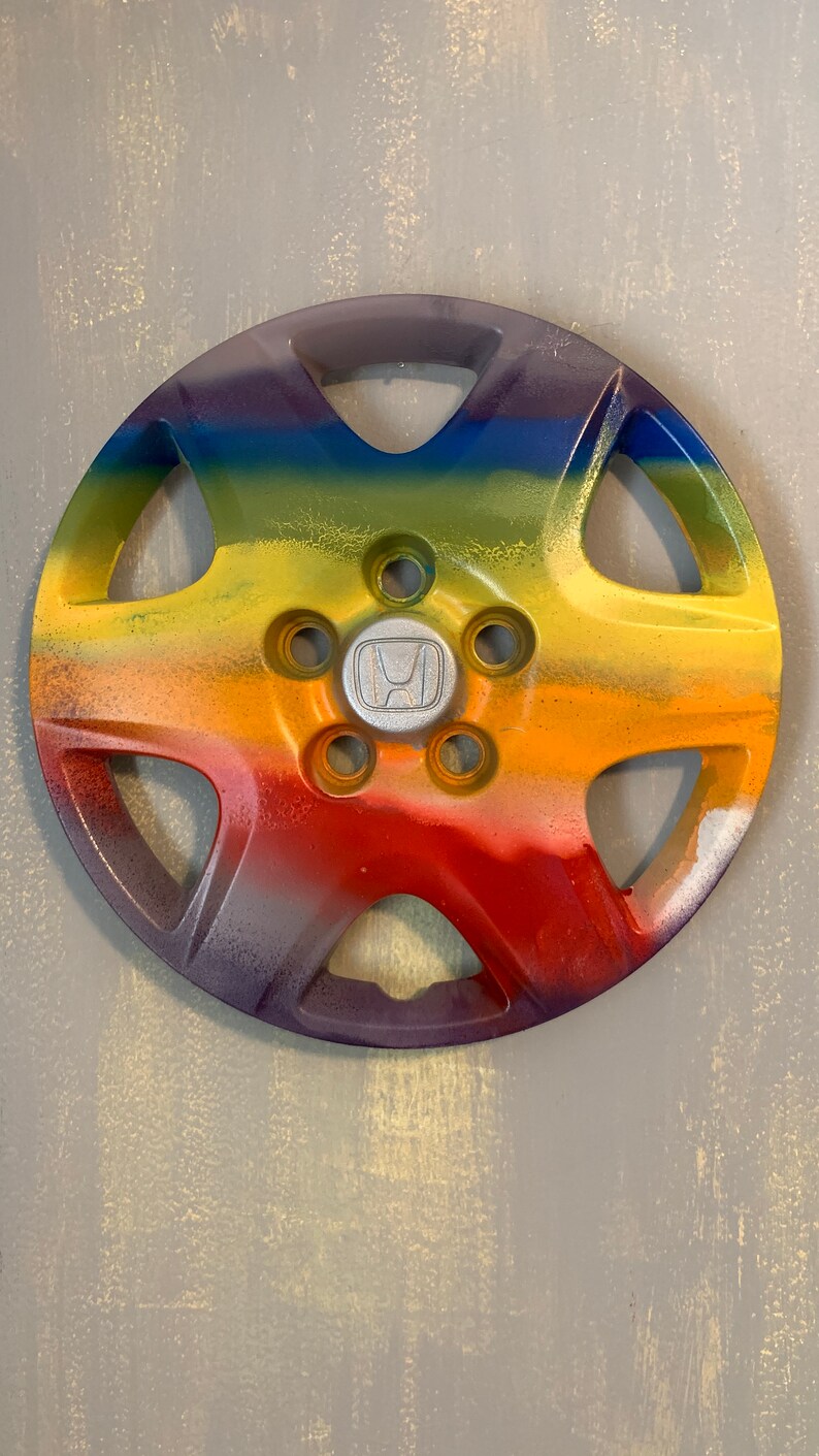 Honda Hubcap Wall Art Rainbow Hand Painted/pouring Ready to Be Hung 15