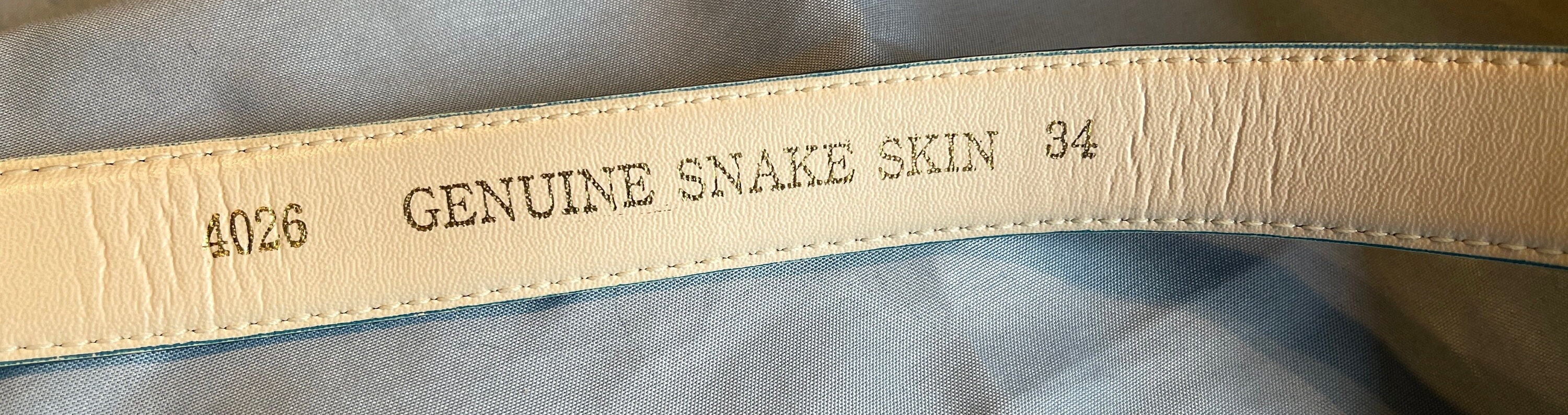 Genuine Snakeskin Turquoise Designer Belt, Size 34, Length 38\