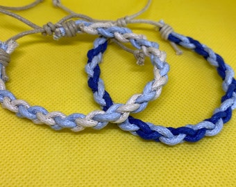 Set of 2 Braided Blue Cotton Cord Bracelets Adjustable  Couple's Gift Expandable  Men / Women Light Blue with White/ Dark Blue w/ Light Blue