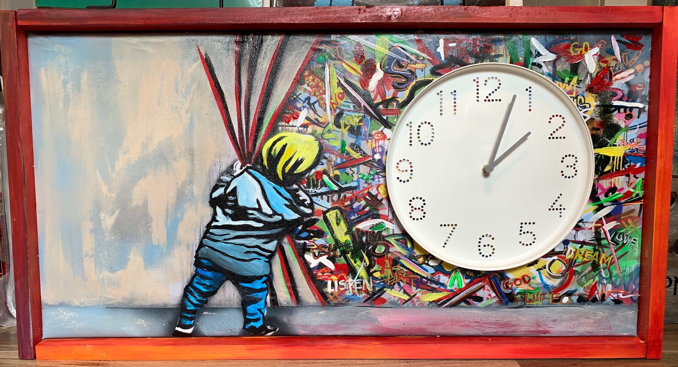 Hand Painted Hand Crafted Ode to Banksy Clock, Acrylic