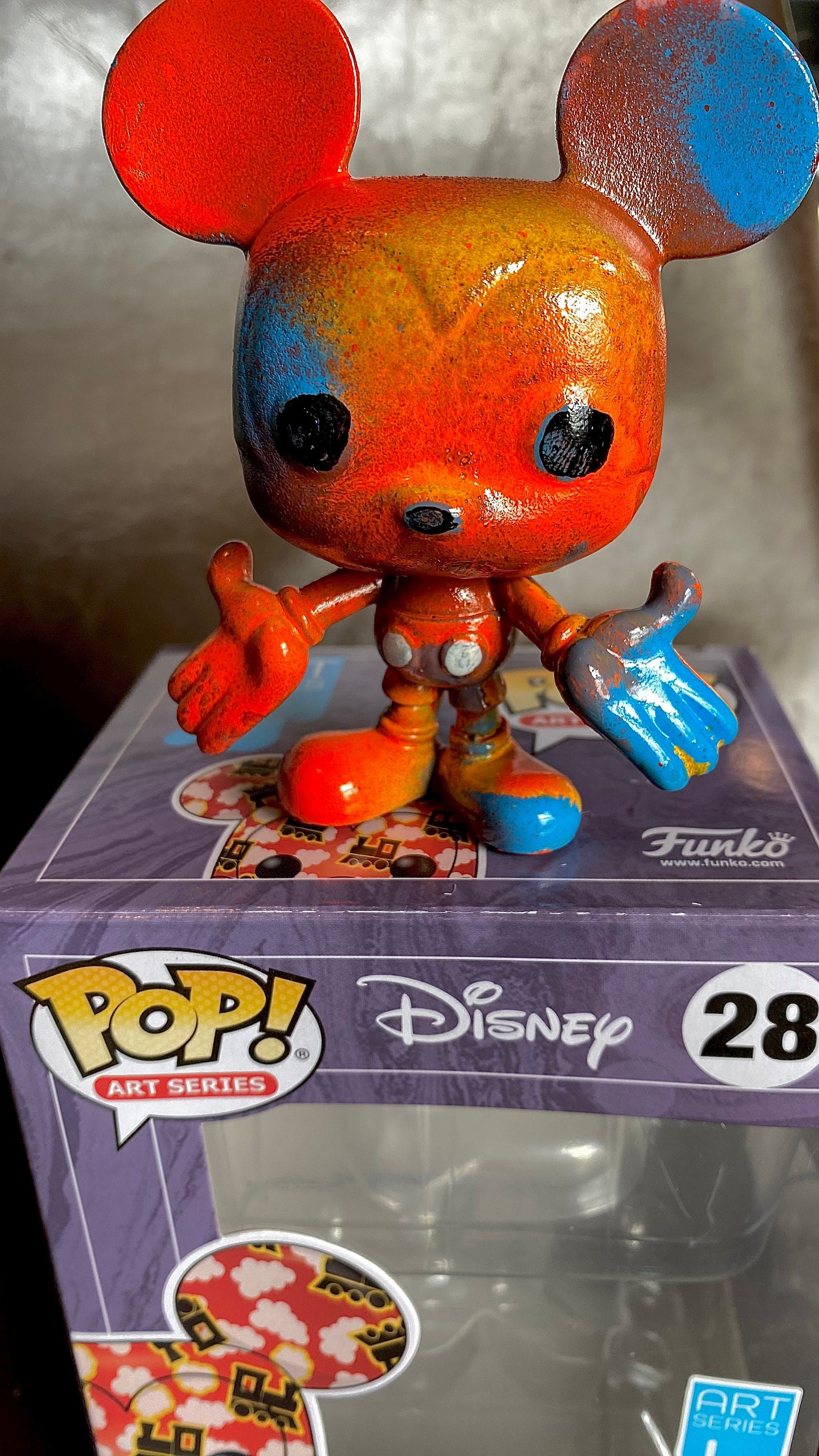 Mickey Mouse Funko Pop Peter Max Style Hand Painted One of a Kind Pop Art Piece - Neon Orange and Oasis Blue