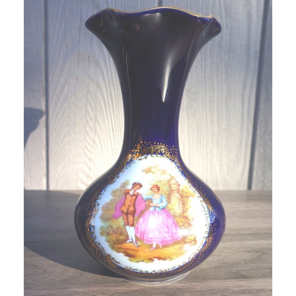 Vintage Limoges Castel Cobalt Blue 22K Fragonard Style Porcelain Vase w/Ruffled Gold Rim