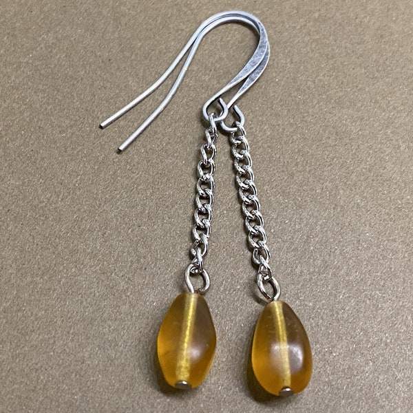Amber Sea Glass Dangling Pendulum Chain Earrings | Dangle Earrings | Handmade Jewelry