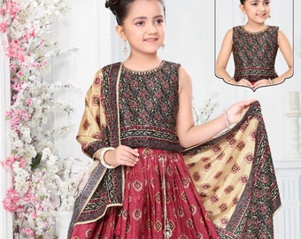 Girls Lehenga Choli Ethnic Party Wear 4-14 yrs Maroon Beige lehenga Skirt Set with Free shipping rate within US